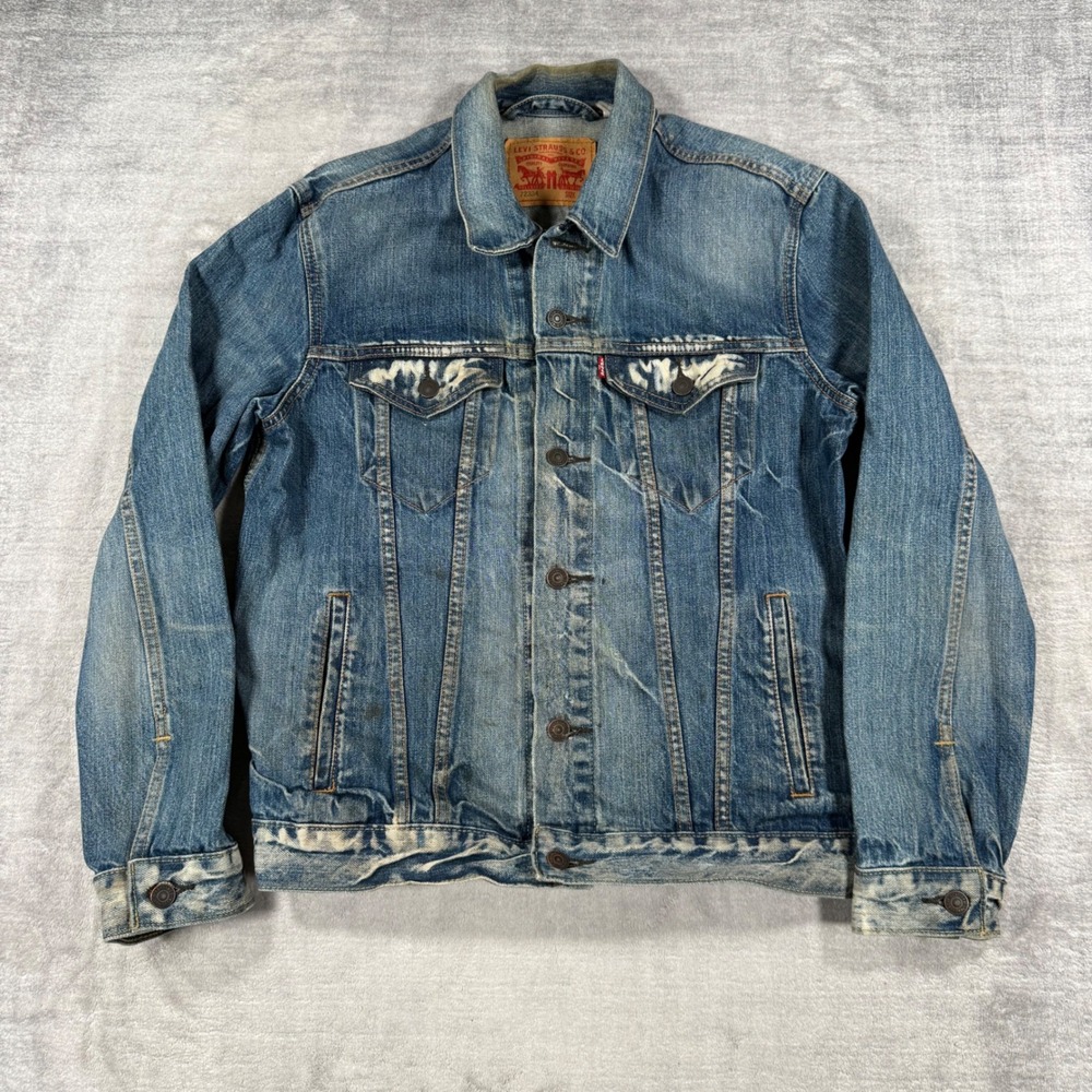Levis Jacket Mens Medium Blue Denim Type 3 Trucker Distressed 72334 Biker